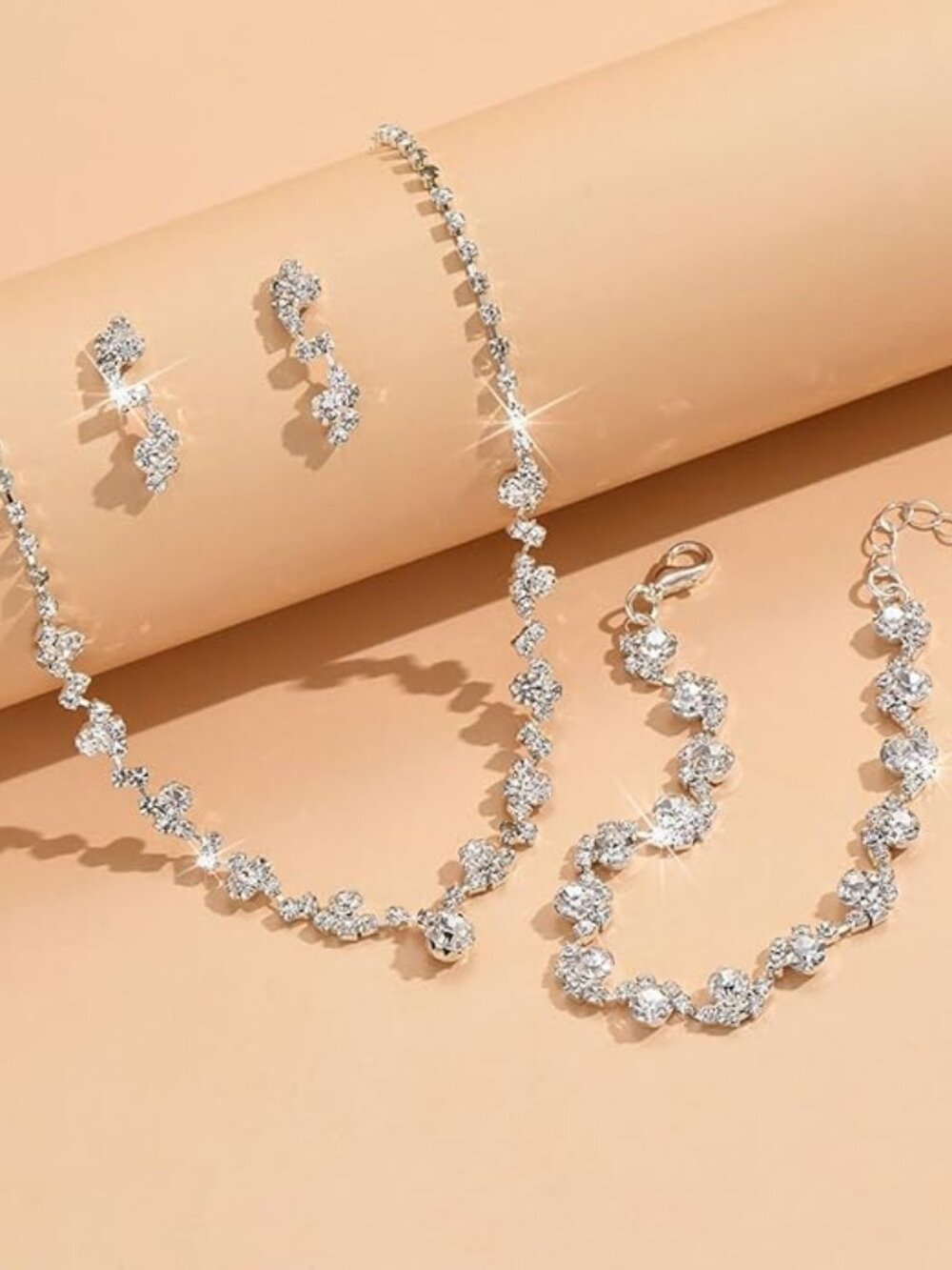 Silver Rhinestone Jewelry Set | Sparkly Bridal Necklace, Earrings & Bracelet
